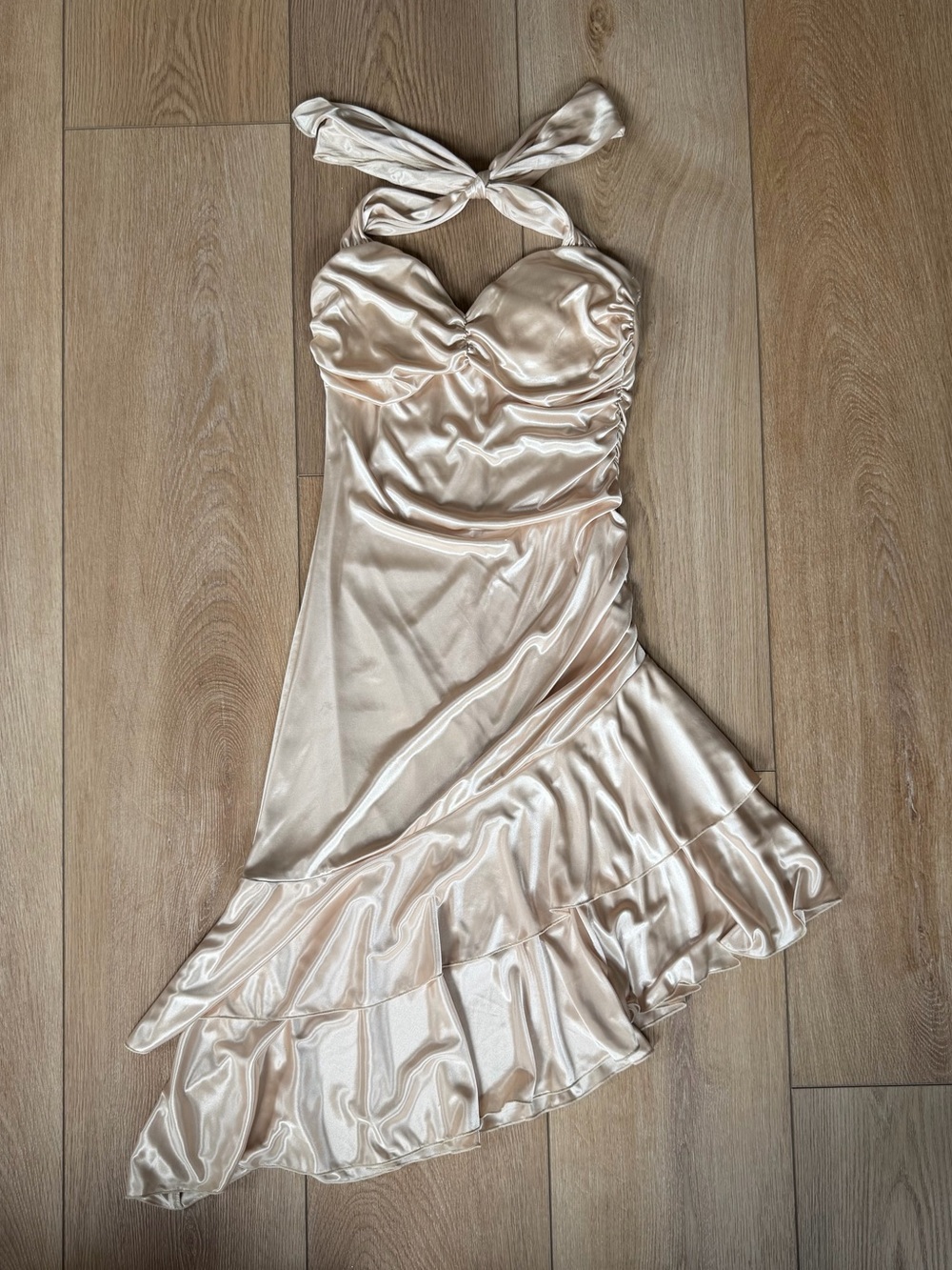 Vintage Y2K My Michelle Champagne Satin Halter Dress Asymmetrical Hem Medium